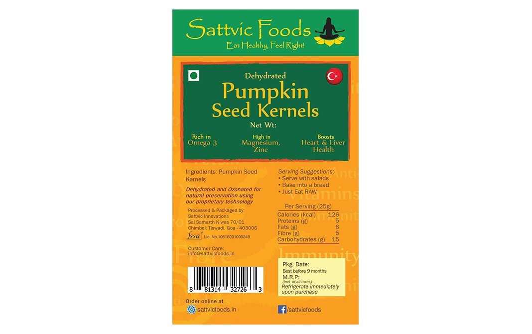 Sattvic foods Dehydrated Pumpkin Seed Kernels   Pack  100 grams